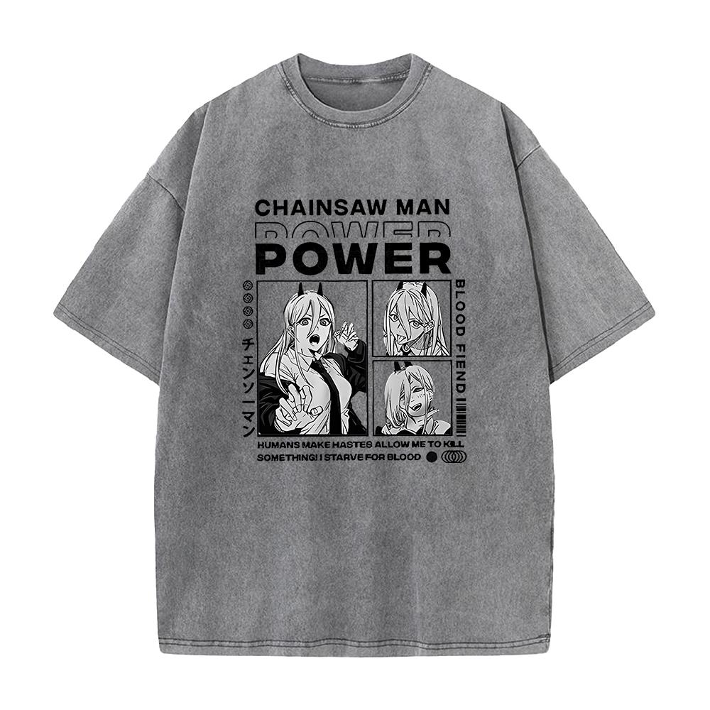 Anime Chainsaw Man Power Print Tee Men Women Plus Size Tshirts Manga Washed Cotton T Shirt Harajuku Unisex Comfortable Tshirt
