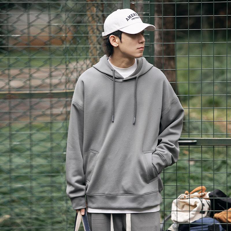 Spring and Autumn New Men's Korean Version 330g Heavy Chinese Cotton Air Layer Hooded Solid Color Sweater Trendy Versatile Stylish Top