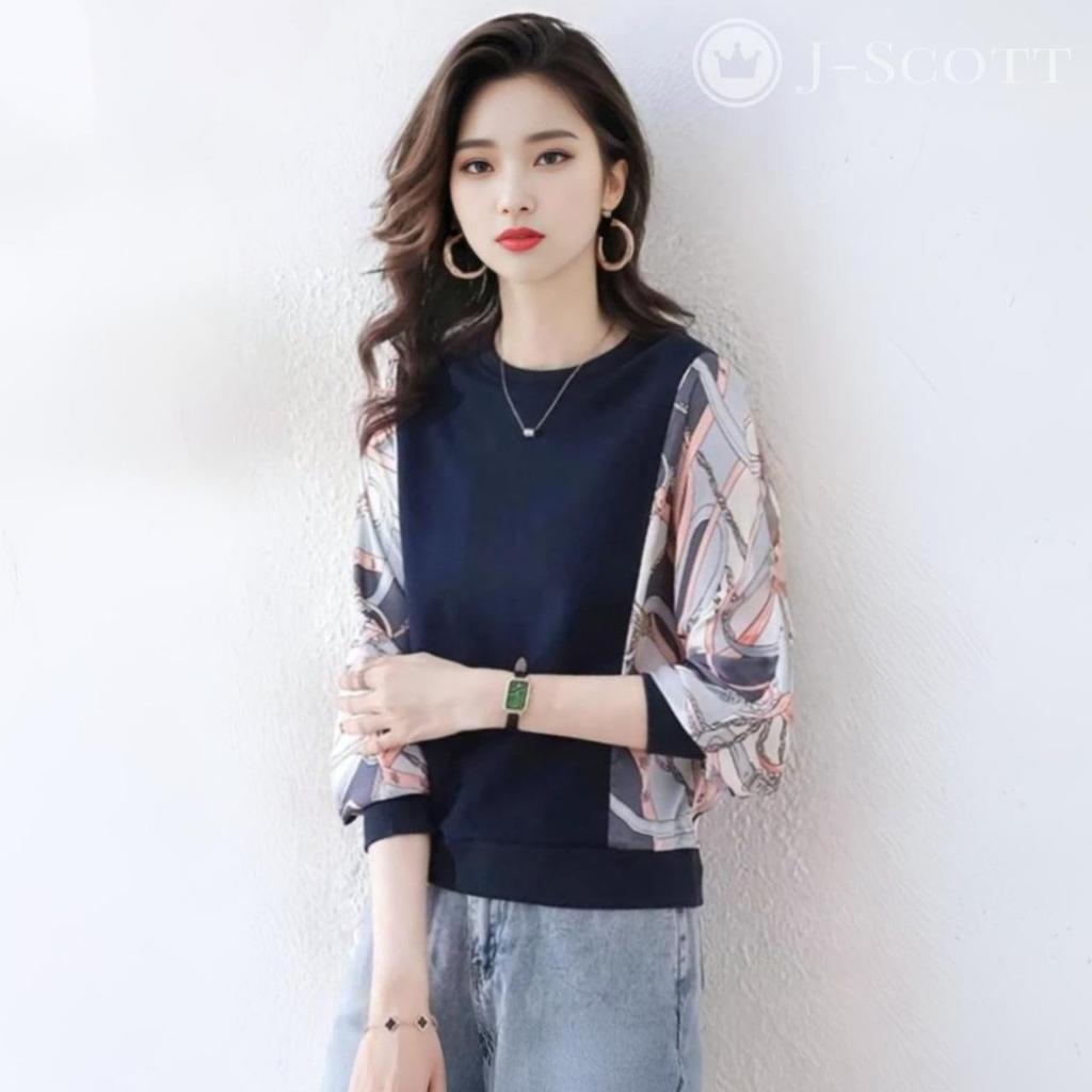 Pullover Blouse with Scarf Print Mixed Round Dolman Long J-Scott Women's Sleeves, Fabric, Neck, Sleeves, Sleeves, Navy, JS16-NV-L