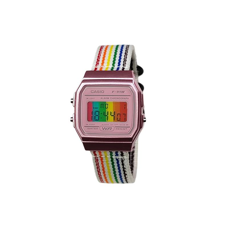 CASIO Customized watch modified series orange mirror pink resin case classic retro life waterproof F-91WS-4 FenSeBiaoPanCaiSeShuTiaoWenBiaoJing