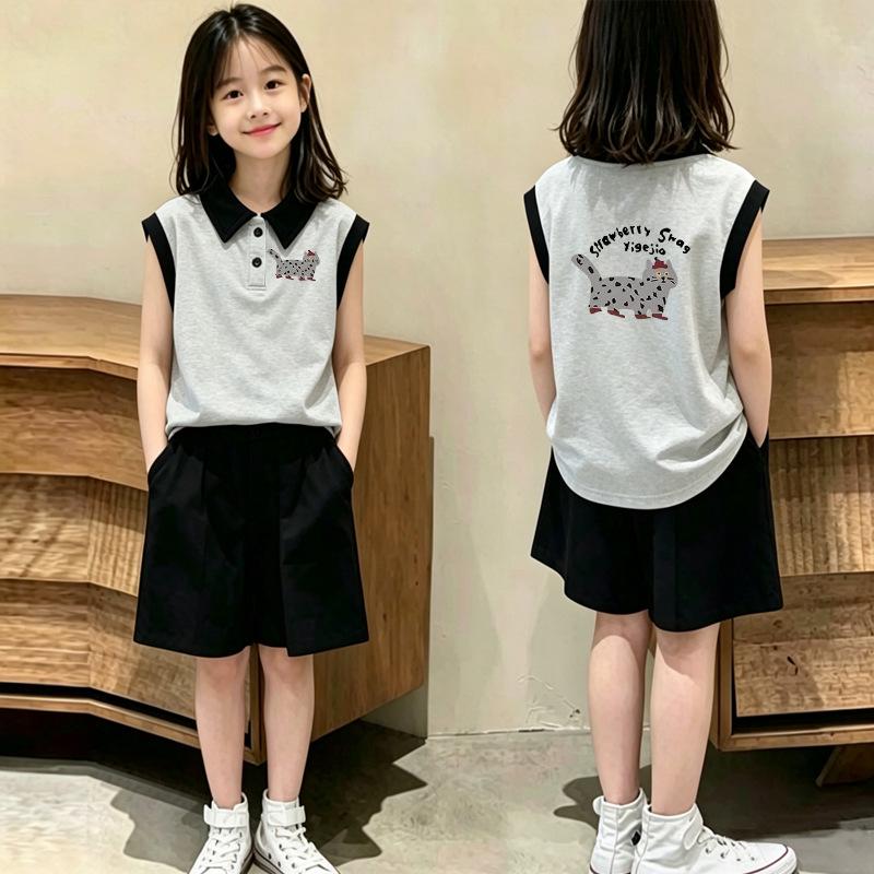 Girls' Trendy Color Block Sleeveless Polo Set - Casual Summer Two-Piece for Ages 6-12