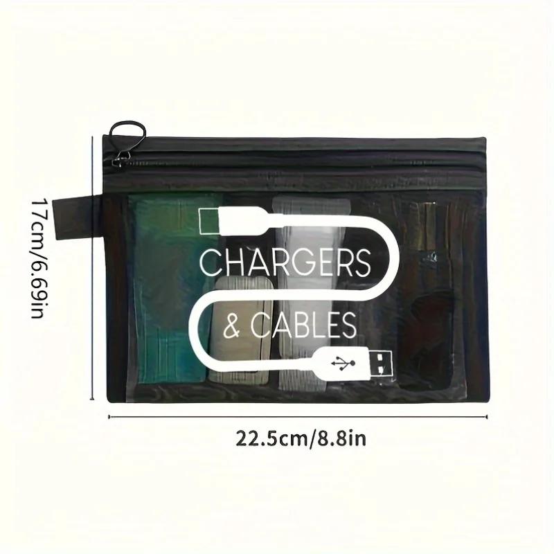 Large Capacity Nylon Makeup Bag with Charger Cable Print - Portable Travel Toiletry Organizer,Zipper Closure,Travel Cosmetic Bag