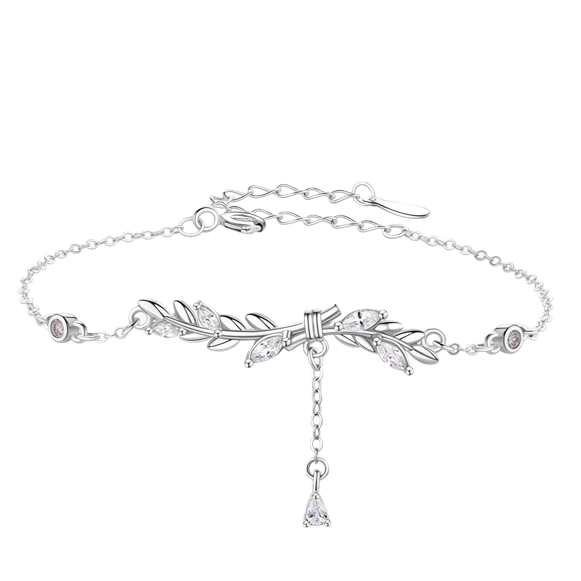S999 Sterling Silver Tassel Bracelet with Zirconia Water Drop - Elegant and Luxurious Design S925 Tassel Bracelet - Platinum