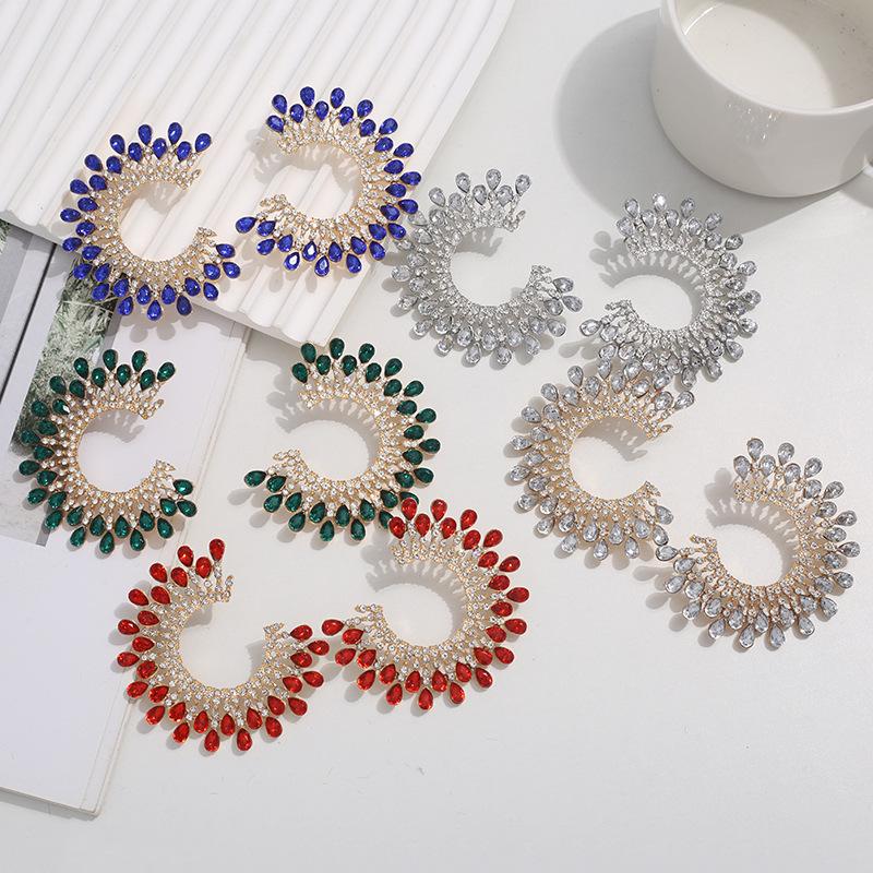 European & American Geometric Rhinestone Sunflower C-Shaped Gemstone Stud Earrings