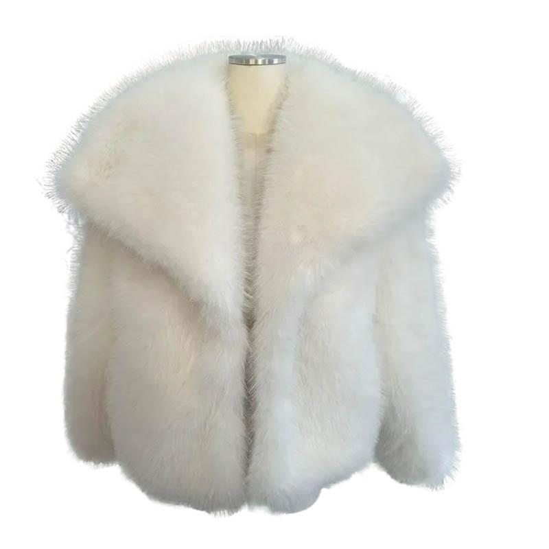 Women Fashion Cropped Faux Fur Jacket Coat Long Sleeve Front Snap-button Female Outerwear Chic Lapel Collar Thick Coat