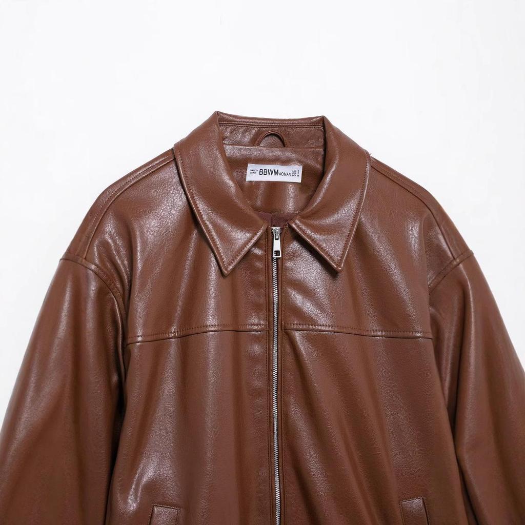 Spring 2025 Women's European & American Style Faux Leather Bomber Jacket Coat