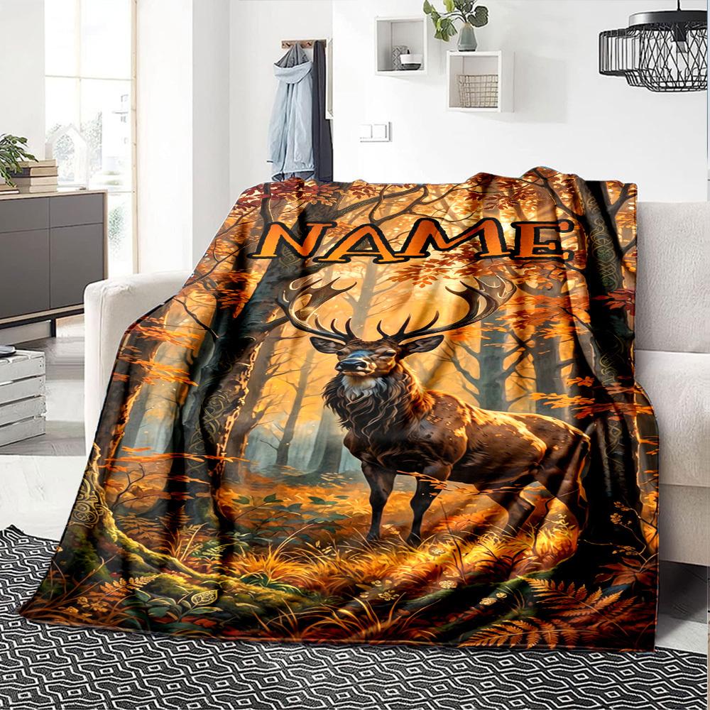 Majestic Deer In Autumn Forest Home Customize Your Name Blankets Soft Cozy Lightweight Allseason Multiuse Throw Perfect For Couch Office Bed Living