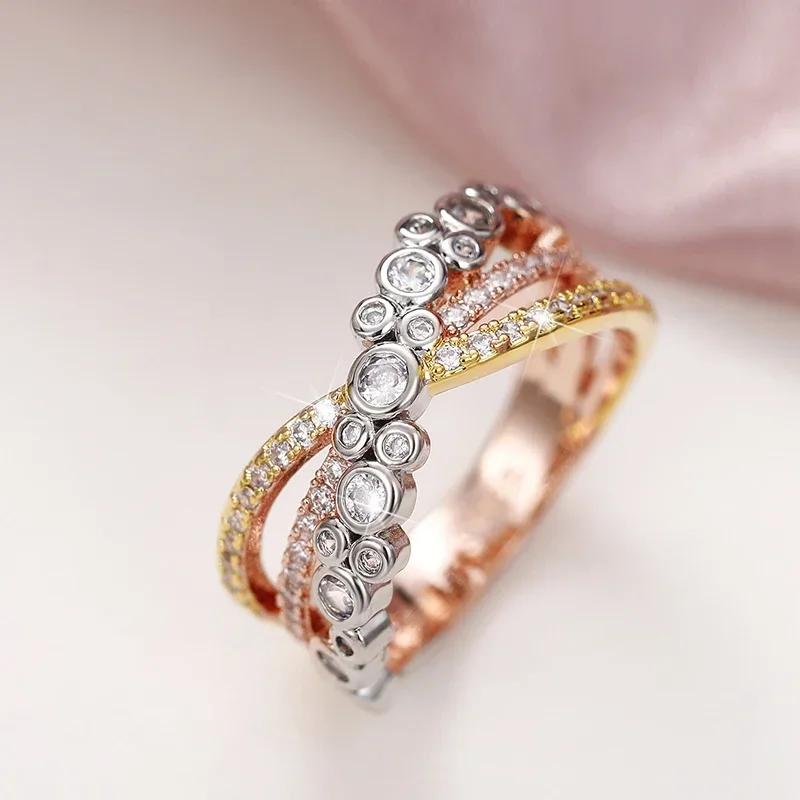 Luxury Three-Tone Women'S Wedding Ring Bling White Cz Inlaid Fancy Cross Design Special Interest Finger Jewelry