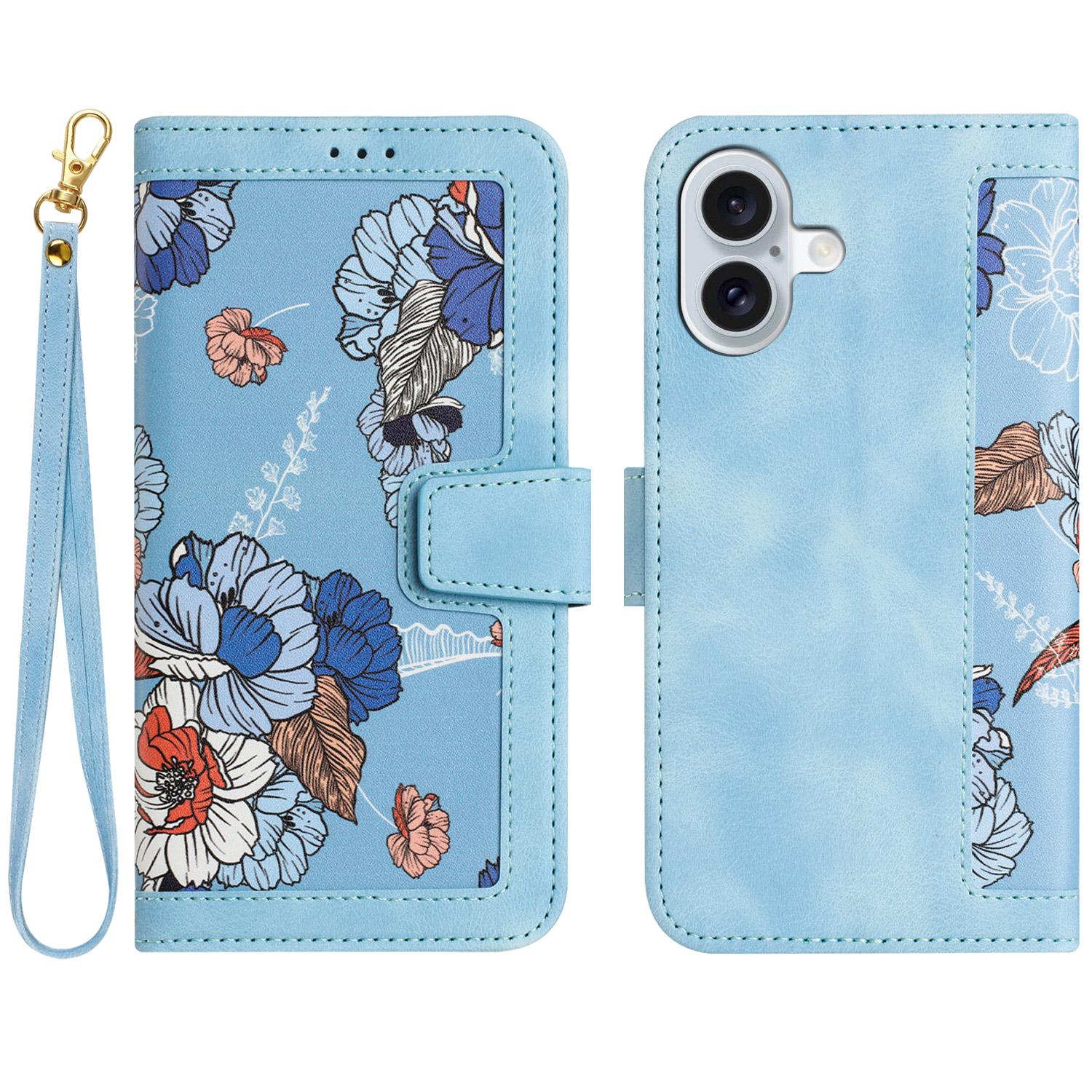 

For iPhone 16 Case Flower Pattern PU Leather Phone Cover with Card Slots