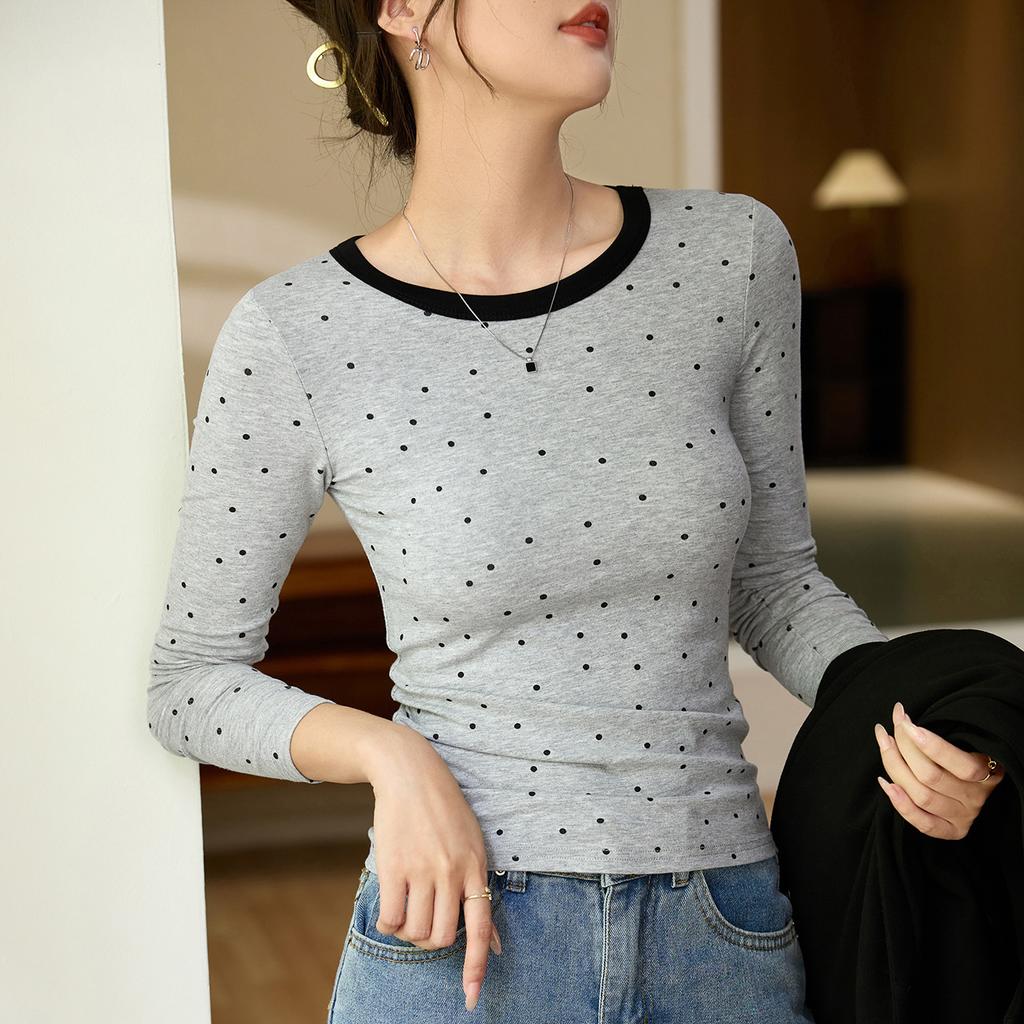 Age-reducing Playful Polka Dot T-shirt for Women Long-sleeved Autumn Clothes Contrasting Slim Base Shirt