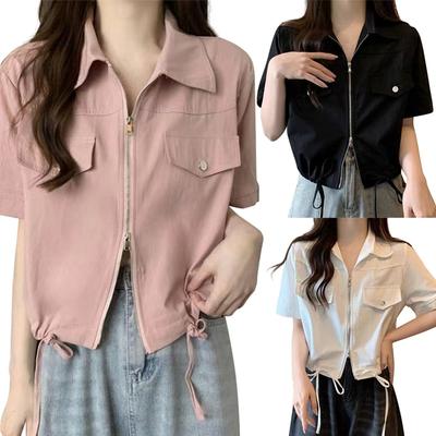 Women Summer Short Sleeve Zipper Shirt Solid Color Lapel Top Coat