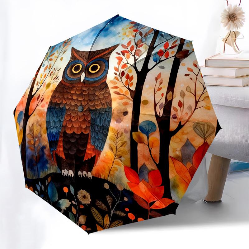 1pc Owl Forest Automatic Folding Umbrella, Heavy Duty 8 Rib Iron Frame,  Suitable for Travel, Daily Use, Birthday, Decor Gift  09