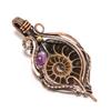 Ammonite Fossil & Amethyst 999 Copper Wire Wrapped Pendant, Handmade Gemstone Jewelry Pendant For Memorial Day