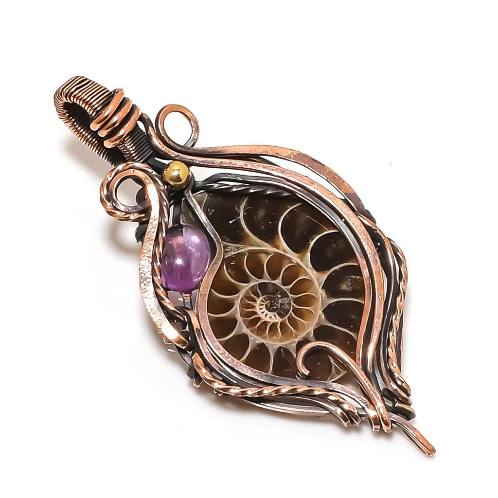 Ammonite Fossil & Amethyst 999 Copper Wire Wrapped Pendant, Handmade Gemstone Jewelry Pendant For Memorial Day