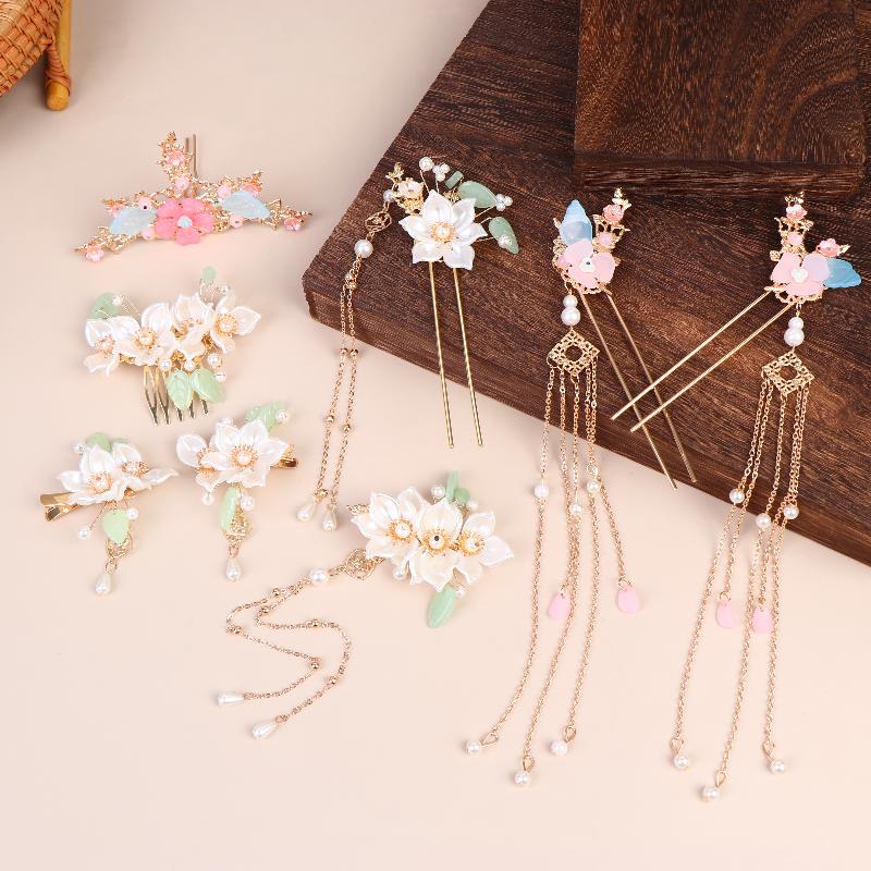 5 Stück/Set Mit Vintage-Blumen- und Quastendesigns Handgefertigte Hanfu-Haaraccessoires Elegante Klassische Kopfbedeckung