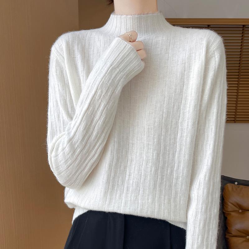 Women's Versatile Solid Color Wool Knit Sweater - Loose Half-High Collar, Long Sleeve Autumn & Winter Base Layer.