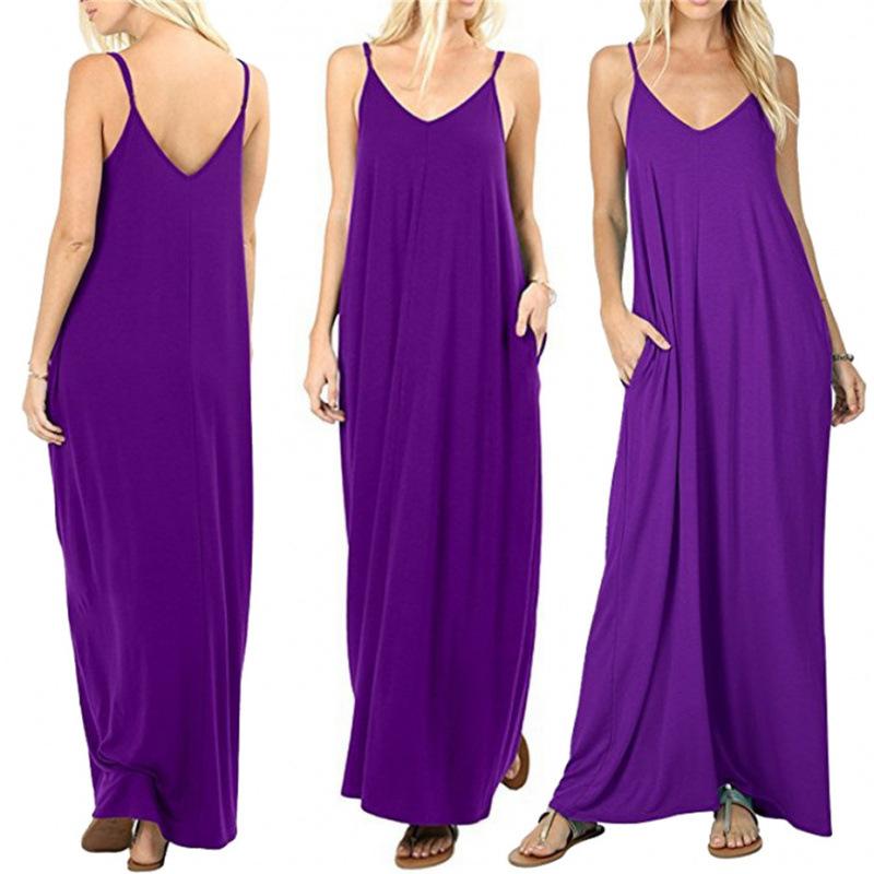 European and American Women's Clothing Solid Color Loose Pocket Long Dress, Vest Dress, Sexy Suspender Skirt