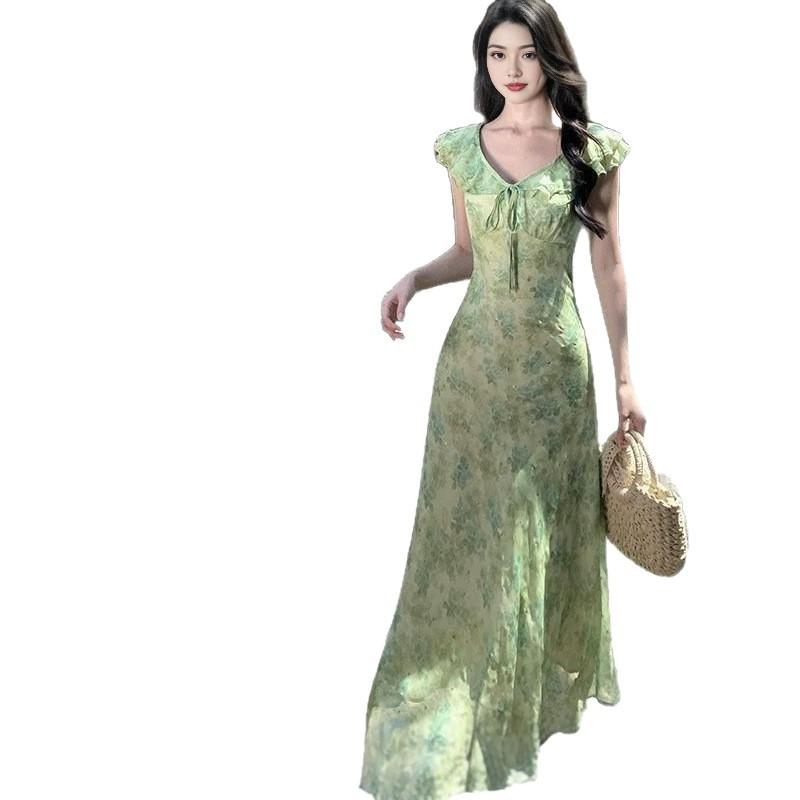 Seaside vacation green floral small flying sleeve dress gentle temperament unique beautiful waist beach dress