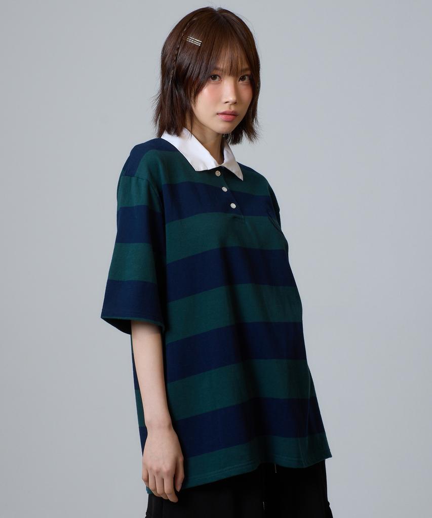 UNKNOWN PLANET Striped Rugby Collared Short Sleeve Shirt Green