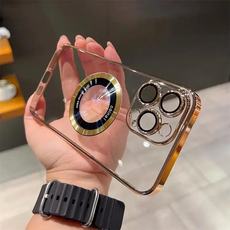 

Luxury Logo Window Magnet Wireless Charger Plating Clear Case For iPhone 16 15 14 Plus 13 11 12 Pro Max For Magsafe Back Cover For iPhone 16Pro Max