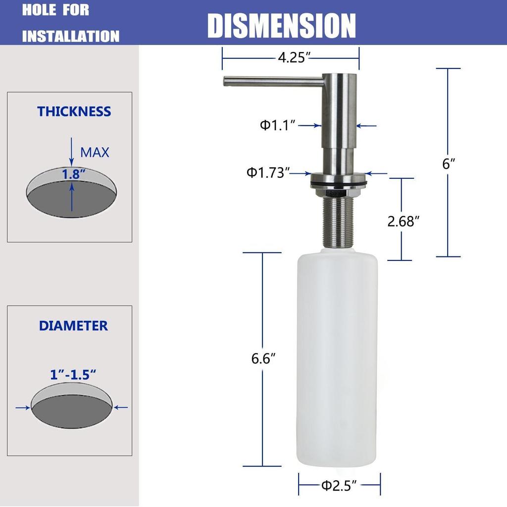 304 Stainless Steel Built-in Soap Dispenser for Kitchen & Bathroom Sinks