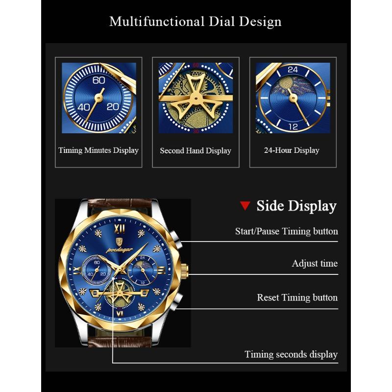 POEDAGAR Luxus-Armbanduhr für Herren Sport Leder Quarz-Uhr Wasserdicht Leuchtend Chronograph Uhren Männliche Uhr Reloj+Box