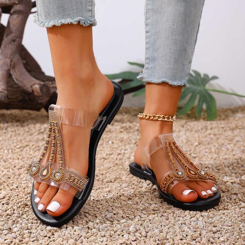 2026 Plus Size 43 Bohemian Style Flat Sandals for Women Summer New Fashionable Luxurious Rhinestone Casual Slippers