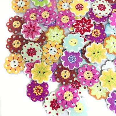 100pcs Painted Flower-shaped Wood Buttons Multi-color Mixed Buttons Wooden Crafts Clothing Buckle Characteristic Wood Products (Random Style)