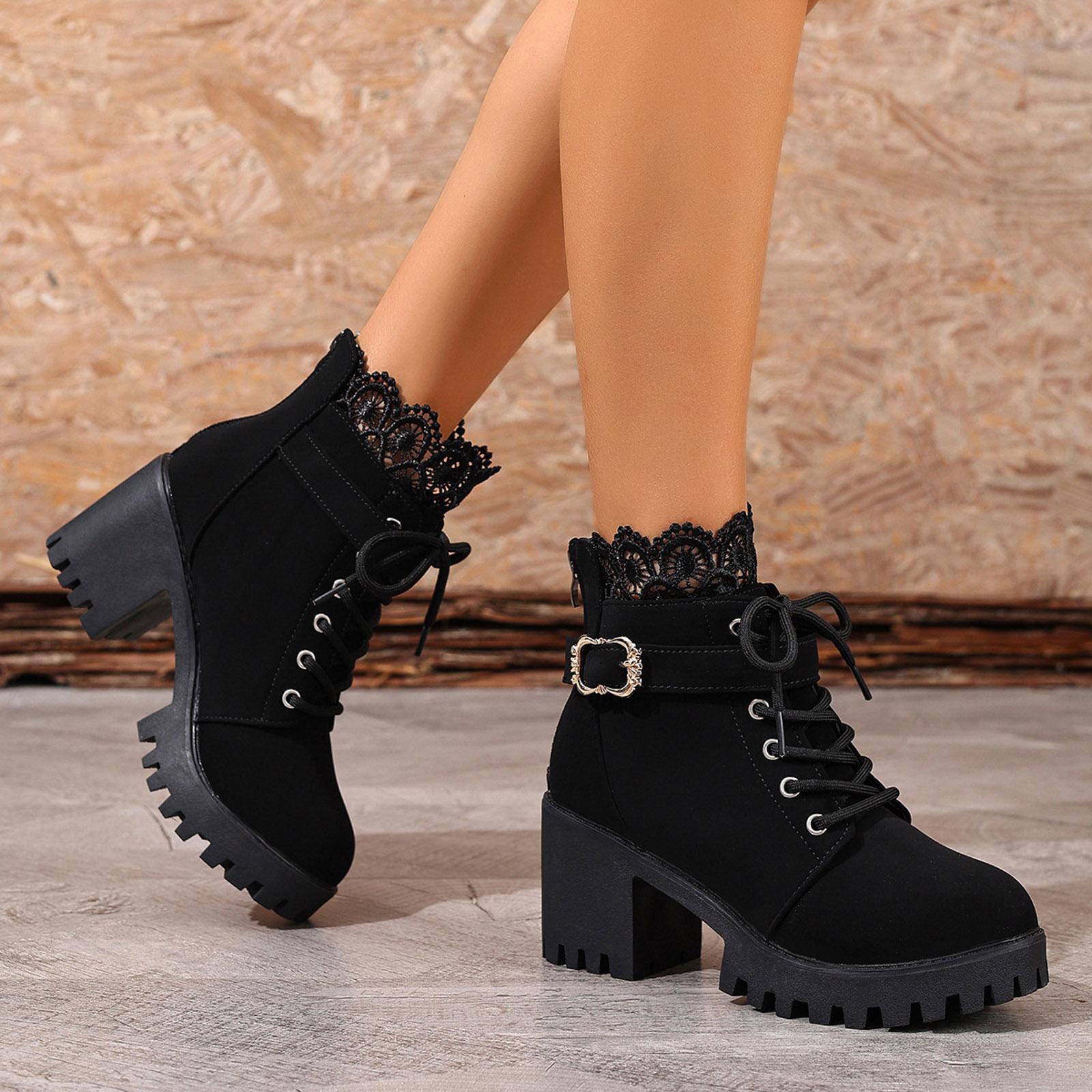 

Solid Versatile Large Size Thick Heel Mid Heel Short Sleeve Leather Boots For Women Lace Up Round Toe Womens Boots Size 12 37 чорний