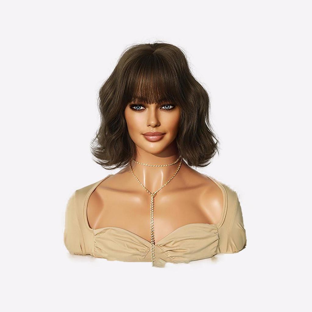 Short Curly Bob Wig Water Wave with Blunt Bangs | Natural Looking Everyday Party Wig | Comfort Fit Adjustable Cap (European & American Style)