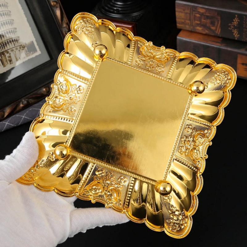 European Fruit Plate, Metal Square Relief Pattern Platter, Golden Retro Large Small Snack Disc, Home Living Room Decoration,1pcs