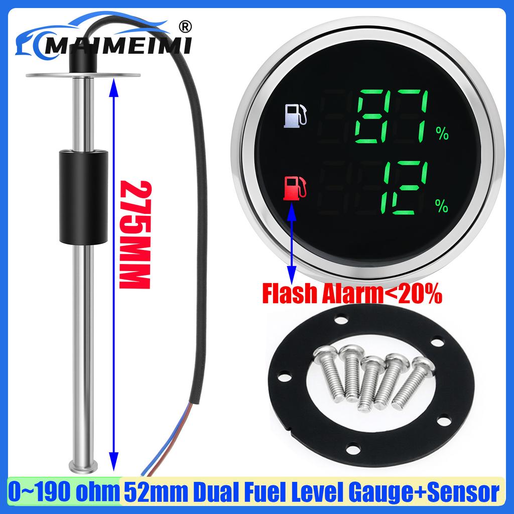 MAIMEIMI Dual Fuel Level Gauge with Flash Alarm Green LED Digital 52MM Oil Tank Meter 0-190ohm Fuel Level Sensor 100-550MM Boat
