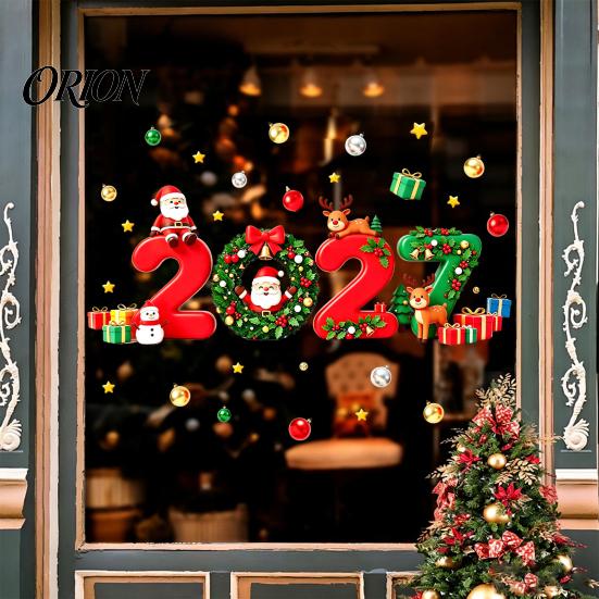 Holiday Party Decorations 2027 Christmas New Year Window Clings, Santa Reindeer Gift Ball Static Easy Installation Stickers Decals, PVC Removable