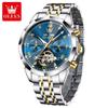 OLEVS 6620 Man Automatic Mechanical Watch Stainless Steel Band Waterproof Luminous Double Calendar Moon Phase Wristwatch for Men