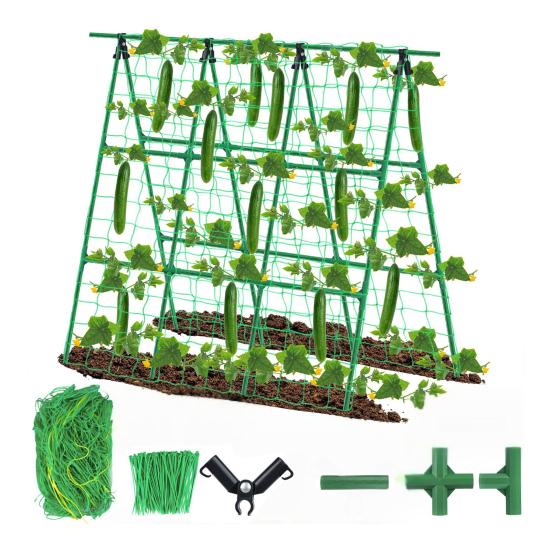 Cucumber Trellis for Garden 48 Inch A-Frame Plant Trellis Set with Net And Ties Climbing Vegetable Support Trellis for Cucumbers Tomatoes Grapes