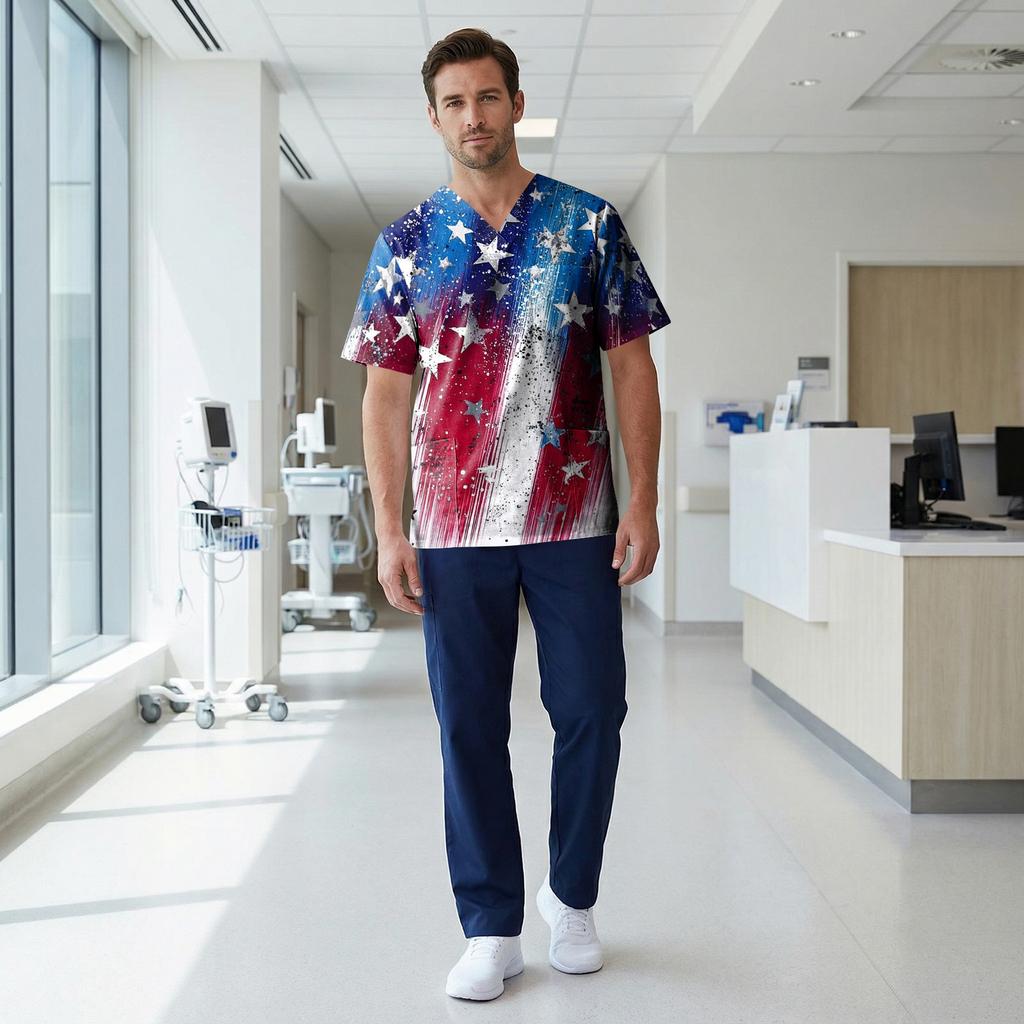 Men's Short Sleeve V Neck Medical Scrub Top with Front Pocket Independence Day Print Healthcare Uniform Shirt for Nurses and Caregivers