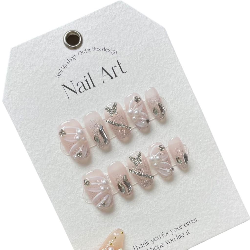 100% HANDMADE Coffin Shaped Fake Nail Set With Glue Art Flashing Starry 3D Butterfly Ribbon Nude Color Pearl Chain Princess Gentle Nails Reusable