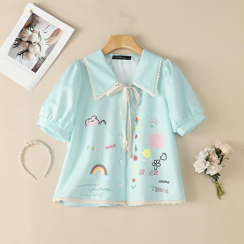 ZANZEA Women Lace Splice Turn Down Collar Casual Short Sleeve Print Blouse