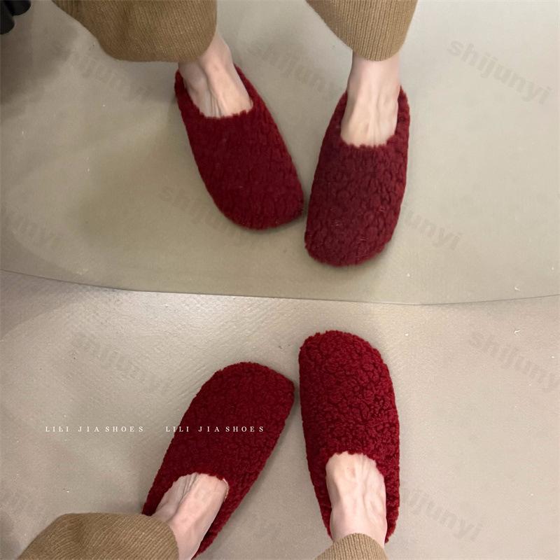 Damen Baumwoll Hausschuhe Mode Pelz Flache Mules Schuhe 2026 Neue Winter Plüsch Haus Hausschuh Warm Rutschfest Retro Hausschuhe Zapatos