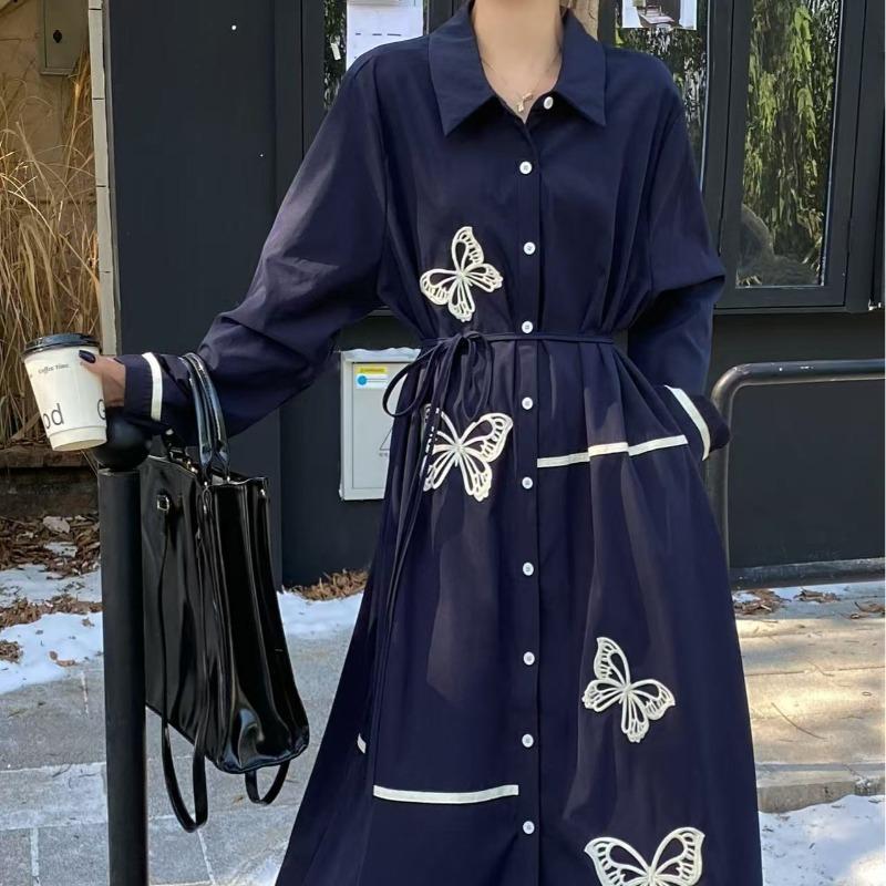 

Этнический стиль ретро бабочка вышитая миди платье рубашка свободный шнуровка однобортный повседневный платье новая мода женская одежда One Size чёрный