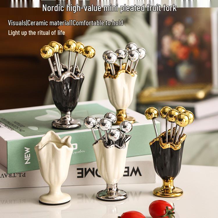 Zestaw widelczyków do owoców ze stali nierdzewnej dla dzieci - Wykałaczki deserowe ze słoiczkiem do przechowywania