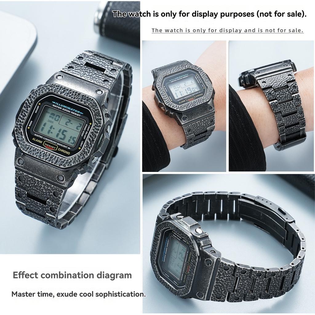 for Casio G-Shock Mod Kit DW5600 GW-B5600 GA2100 GMWB5000 | Titanium/Stainless Steel Metal Case & Strap | Hammer Pattern Bezel