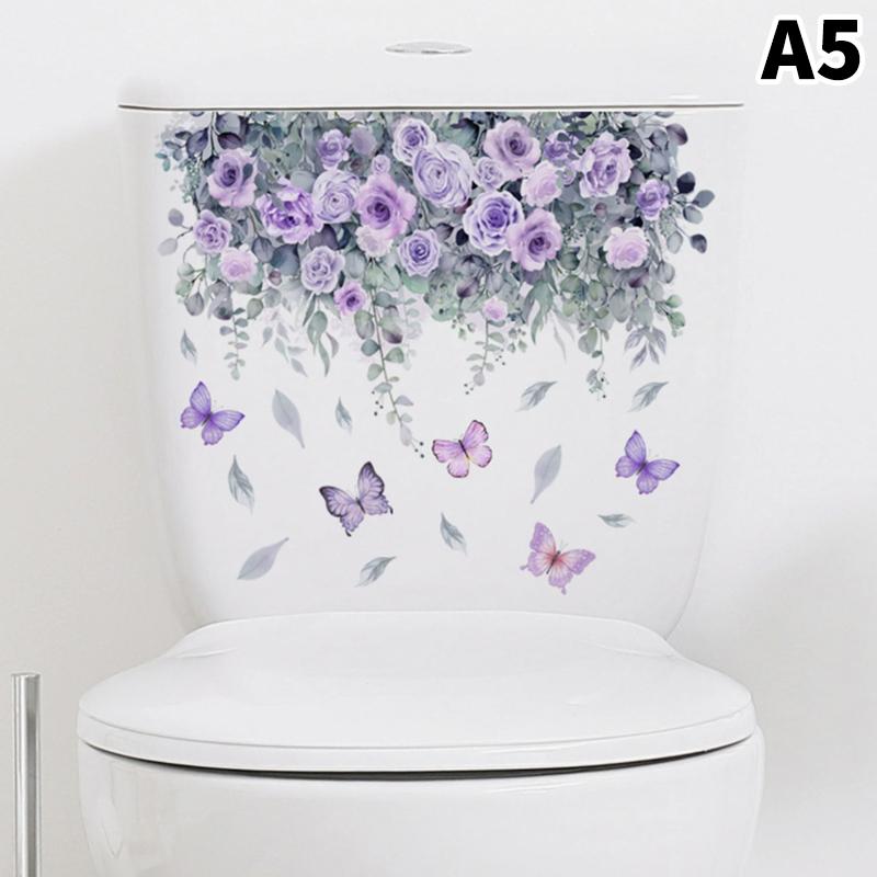1Pcs Flower Floral Toilet Stickers Green Plant Leaves Wall Stickers Decoration Waterproof Self-Adhesive Decals Bathroom Sticker