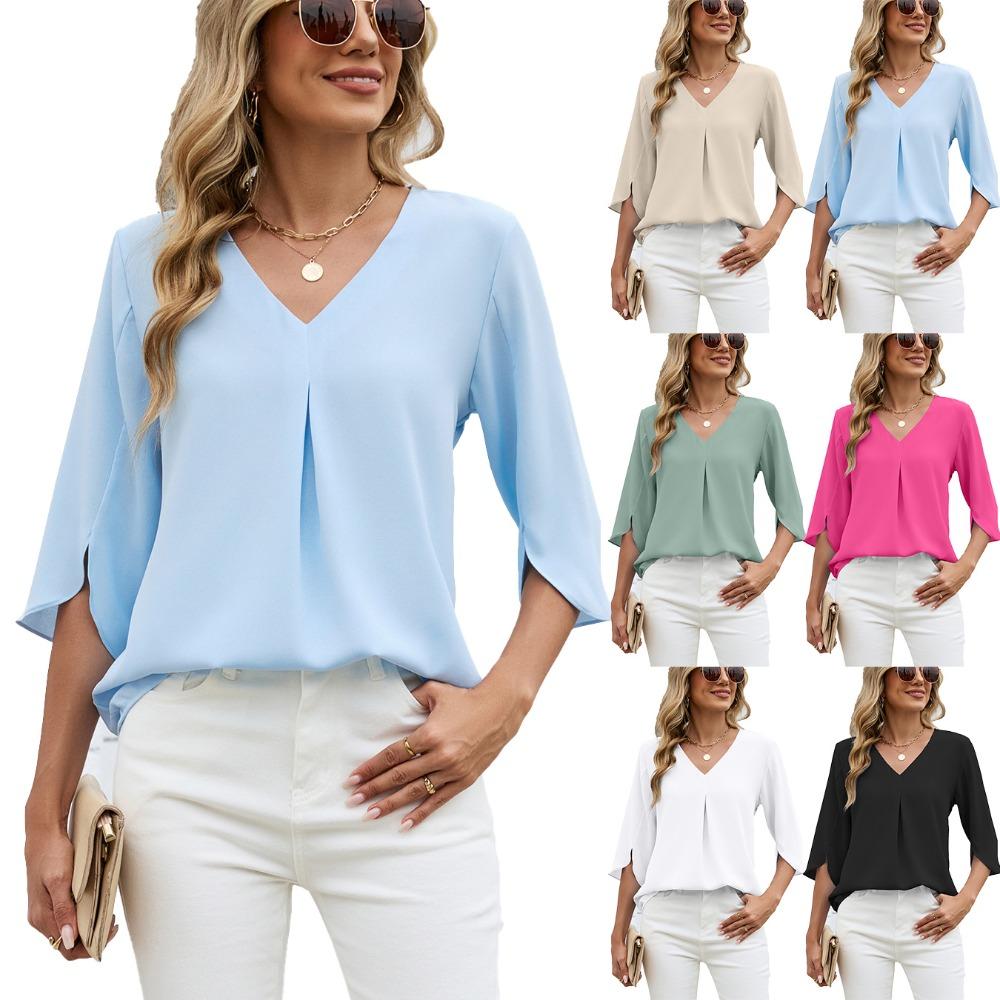 Women's V Neck 3/4 Split Sleeve Blouse Loose Fit Front Pleated Detail Casual Solid Chiffon Top