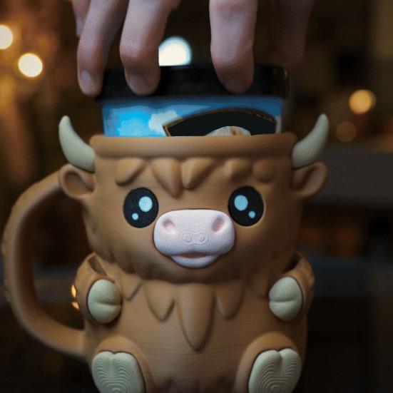 Držák na pintu zmrzliny Highland Cow Držáky na nanuky Držák na plechovku od piva Izolovaný držák na zmrzlinu se skrytou zásuvkou na svačinu a lžičkami