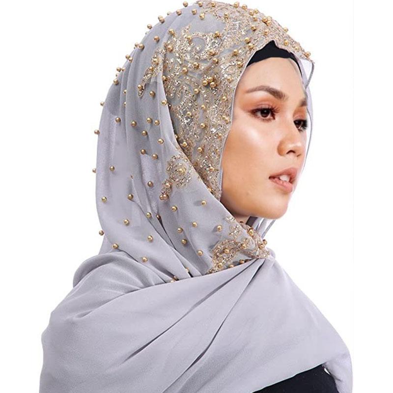Premium Chiffon Hijabs Scarf Shimmer Gold Glitters Beads Hijab for Muslim Woman Head Scarf Shawl Wrap Lightweight