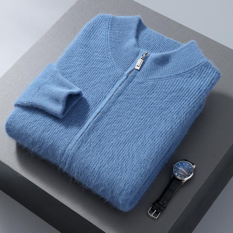 Nerz Samt Mittelhoher Kragen Cardigan, Einfarbig Gestreift, Verdickte Strick Herbst/Winter Basis Layer Pullover