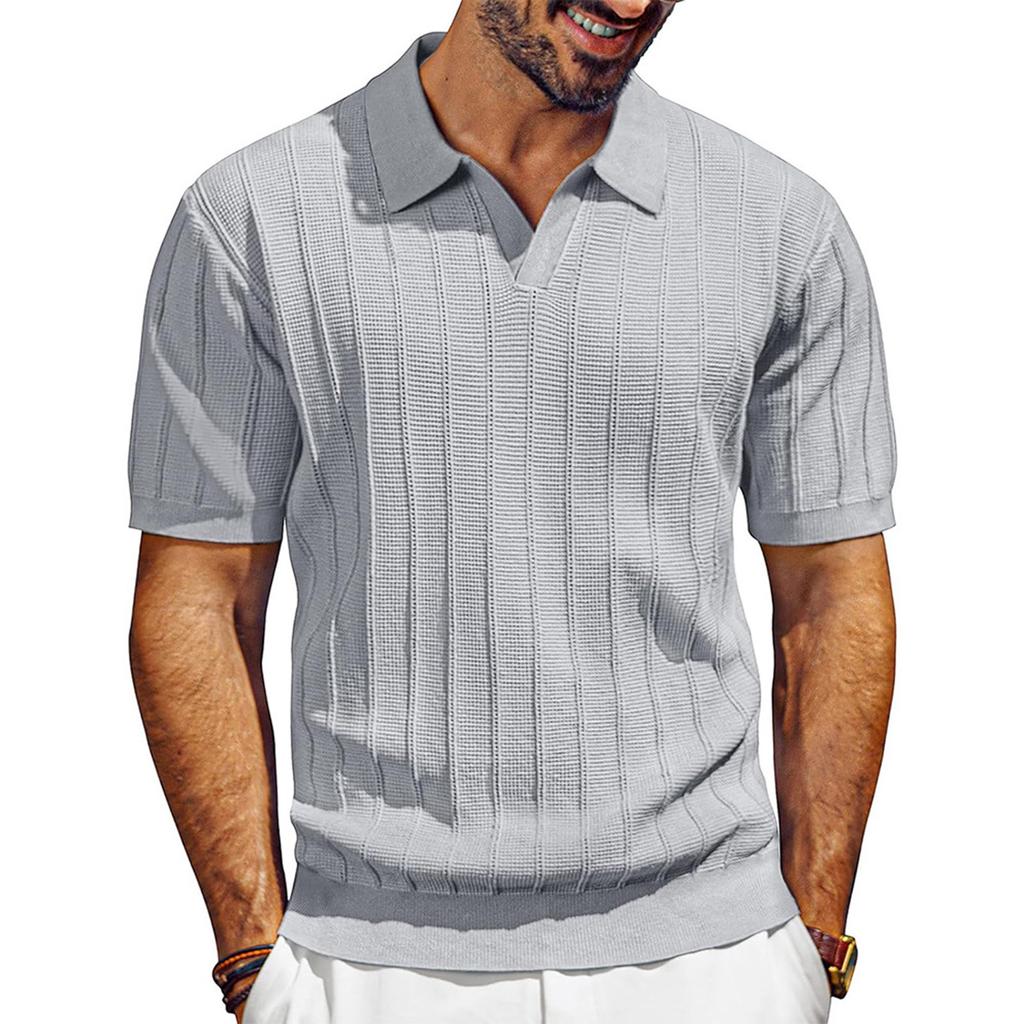 Men’s Short Sleeve Knitted Polo Shirt with Classic Ribbed Texture Casual Lightweight Pullover Top for Everyday Wear