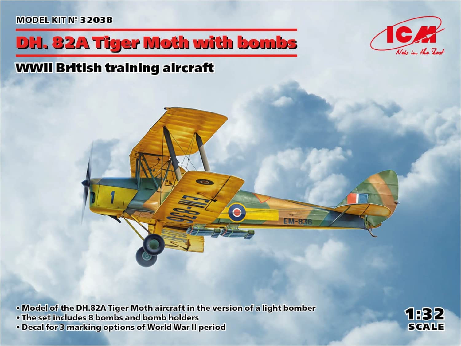 

ICM WWII Royal Air Force de Havilland Tiger Moth Light Bomber Plastic Model 32038 Molded Color 1/32 D.H82A