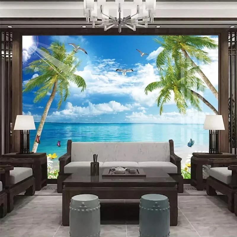 3d Seaside Landscape Nature Scenery Murals Coconut Beach Mural Living Room Restaurant Background Wallpaper